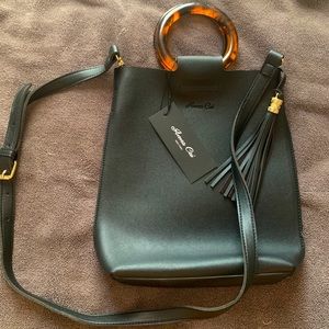 NWT Anna-Cai Faux Leather Black Crossbody Bucket Bag with Tortoise Handles